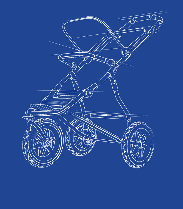 Dibujo técnico de nuestra silla de paseo de 3 ruedas que muestra el chasis completo sin tela. El diseño explica las ruedas, los neumáticos, la barra parachoques, el armazón de la capota y el reposapiés - vea nuestras sillas de paseo de tres ruedas swift™, urban jungle™, y terrain™ - Mountain Buggy