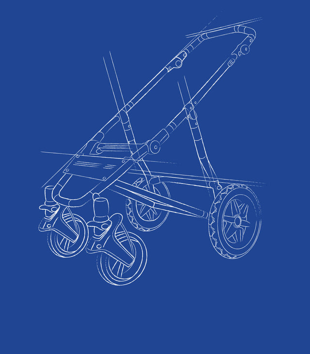 CAD-Zeichnung des 4-Rad-Buggy-Gestells mit allen Teilen außer dem Stoffset - duet™ und nano duo™  4-Rad-Buggys bieten Platz für 2 Neugeborene oder 2 Kleinkinder, während nano™ und cosmopolitan™ Ein-Kind-Buggys mit vier Rädern sind - mountain buggy
