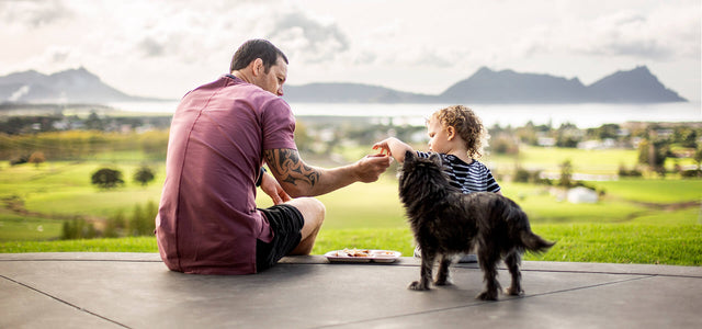 Child with dad and family dog sitting outside eating a snack with a beautiful view of islands in the distance  - Mountain Buggy in association with Cadenshae Dad Blog