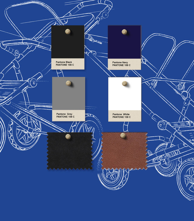 technical blueprint pinned with Pantone™ colour swatches and luxury fabric samples of black and tan leather for our luxury collection three and four wheeled buggies - urban jungle, duet - mountain buggy