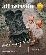 2 little kids playing next to nano duo 4 wheeled lightweight twin buggy  - award winning adventure - all terrain it’s in our DNA - mountainbuggy.com