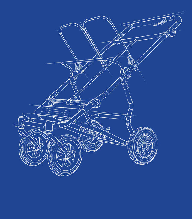 Technisch gezeichnete Blaupause eines Zwillingsbuggys, der für den Transport von 2 Neugeborenen oder 2 Kleinkindern ausgelegt ist - Seitenansicht -. mountain buggy
