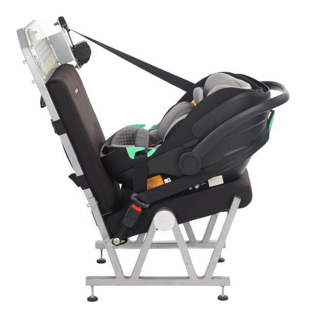 Mountain Buggy protect i-size infant car seat fitted to test seat with seatbelt installation