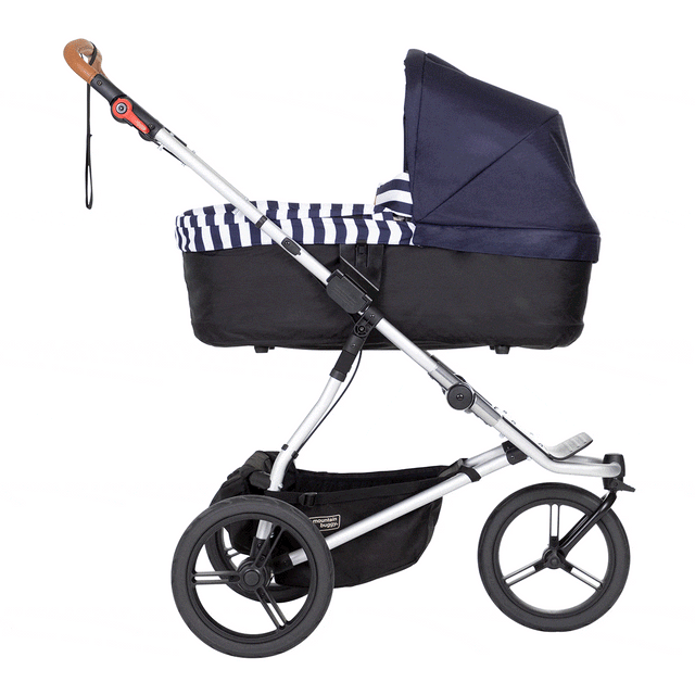 Mountain Buggy carrycot plus gif image showing all 3 riding modes in colour nautical_nautical