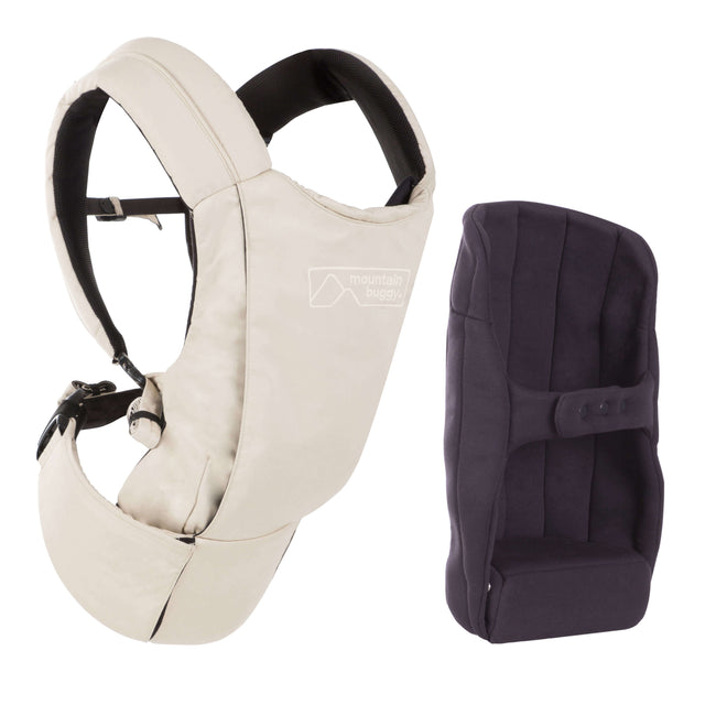 award winning juno child carrier angled view with black infant insert fabric colour_sand
