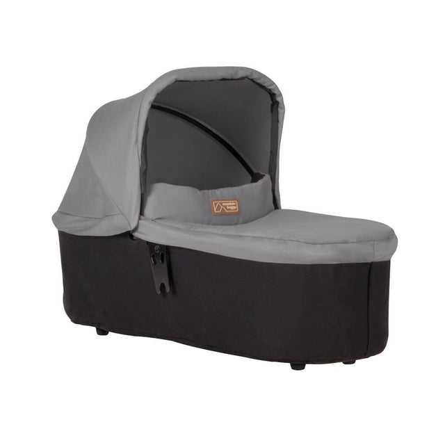 mountain buggy duet carrycot plus in lie flat mode 3/4 view shown in color silver_silver
