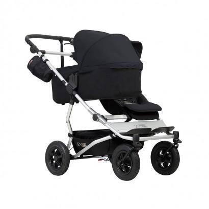 mountain buggy duet double buggy with one carrycot plus in lie flat mode 3/4 view shown in color black_black