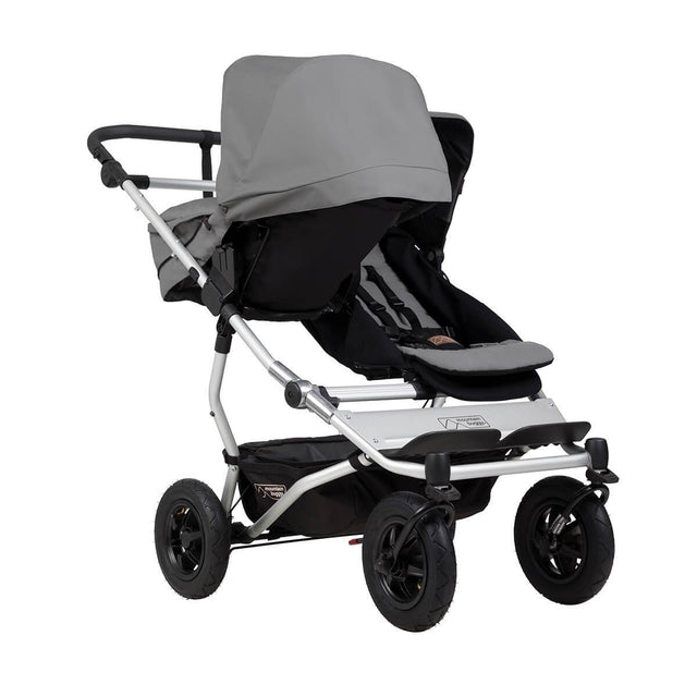 mountain buggy duet double buggy with one carrycot plus in parent facing mode 3/4 view shown in color silver_silver