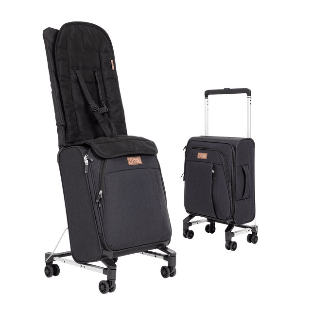 valise de voyage compacte skyrider qui se transforme en poussette pendant le voyage, présentée en mode enfant et en mode bagage de cabine