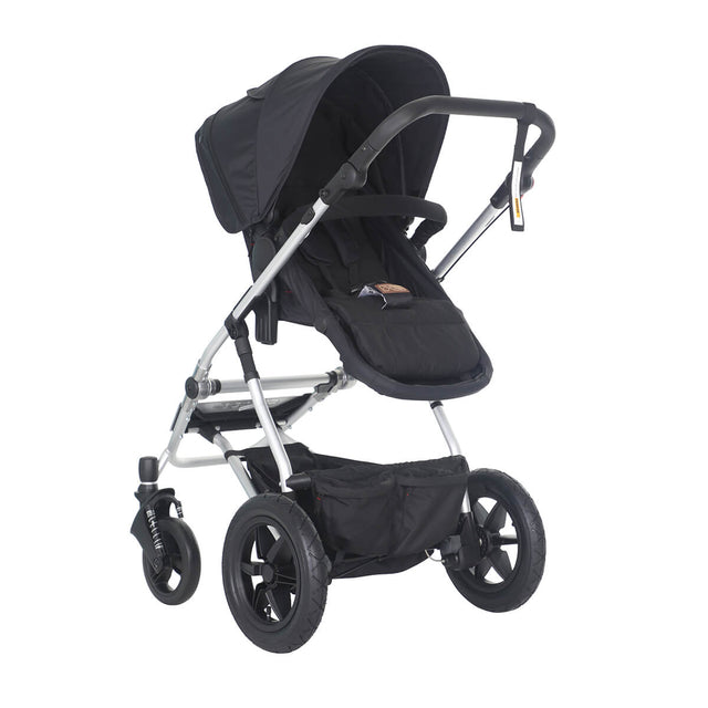 mountain buggy cosmopolitan in parent facing toddler mode with extended sunhood - rear facing 3qtr view - mountainbuggy.com - fabric colour_black