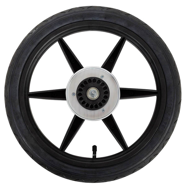 Mountain Buggy remplacement de la roue arrière de 16 pouces vue de dessus montrant le tube du pneu du moyeu de la roue et l'essieu préinstallé en noir_noir