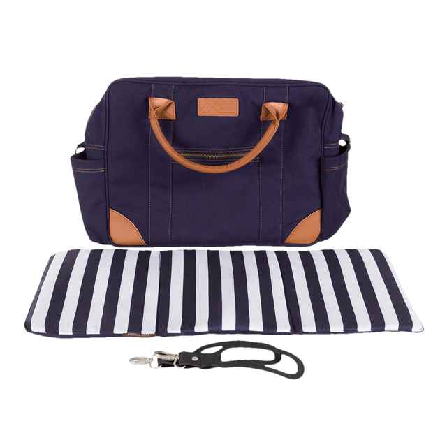 Mountain Buggy satchel with luxury leather trim shown with included change mat and satchel clips to attach to buggy in blue nautical_nautical