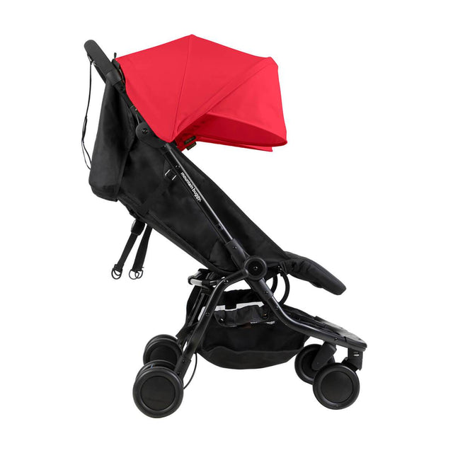 Mountain Buggy nano duo double lightweight buggy side view with seat reclined in colour ruby_ruby