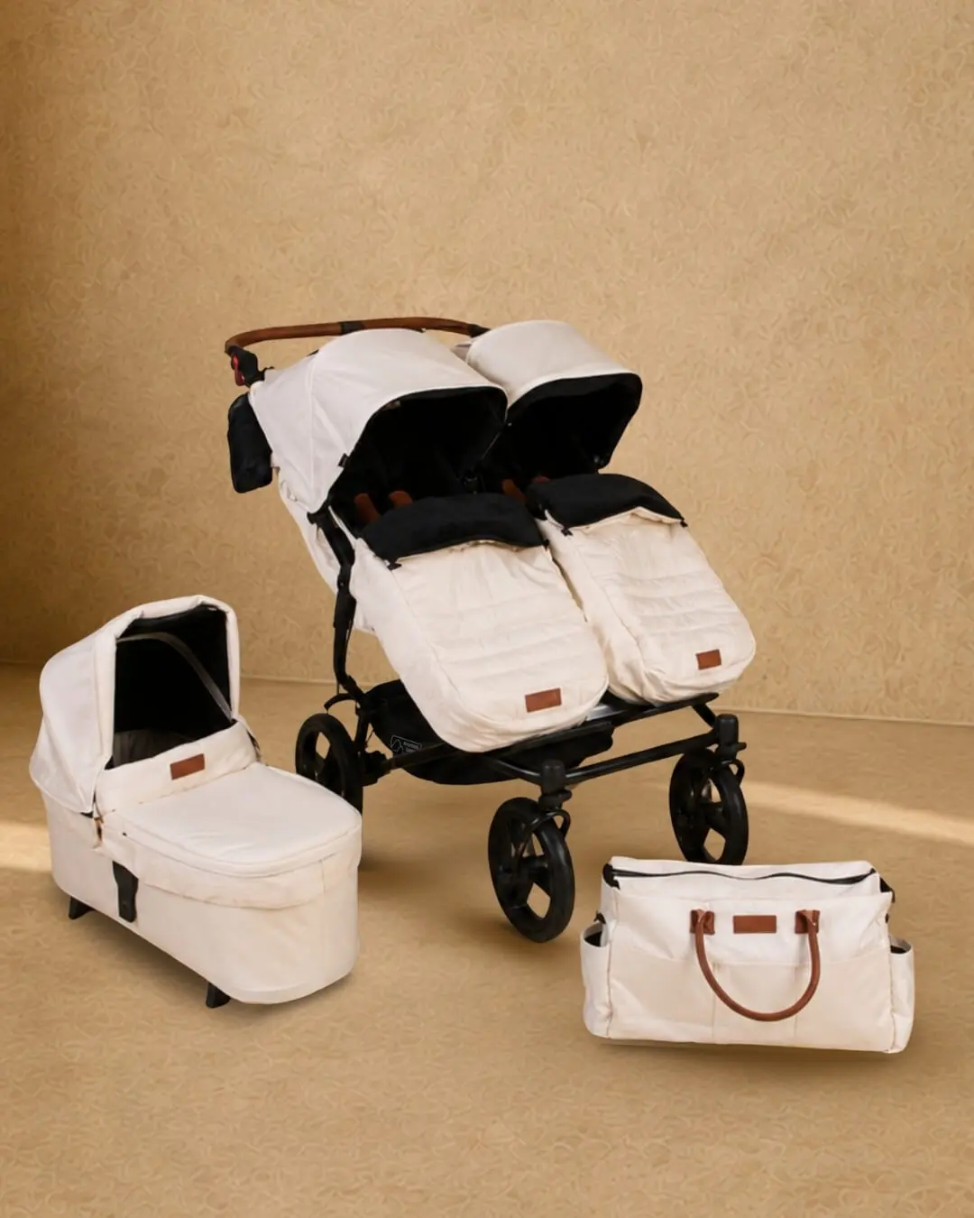 duet™ Artisan bundle twin buggy with carrycot plus and handbag in colour chai