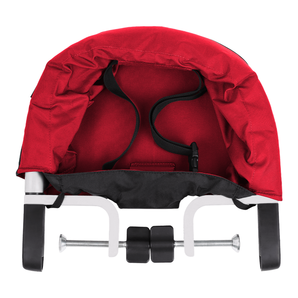 mountain buggy pod portable high chair in chilli red colour clips onto table_chilli