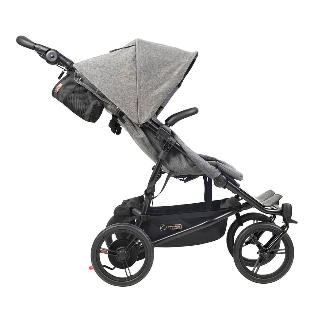 Mountain Buggy luxury duet double stroller side view with puncture free wheels in colour herringbone_herringbone