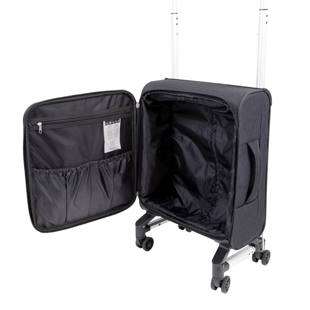 skyrider carry on luggage shown with the bag opened to highlight the large volume and convenient storage pockets