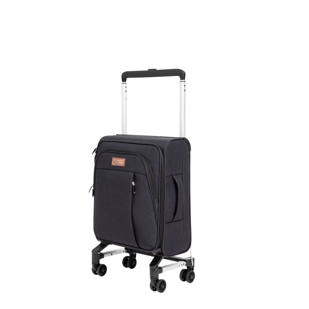 Mountain Buggy compact carry on case shown front side angle with retractable handle half folded
