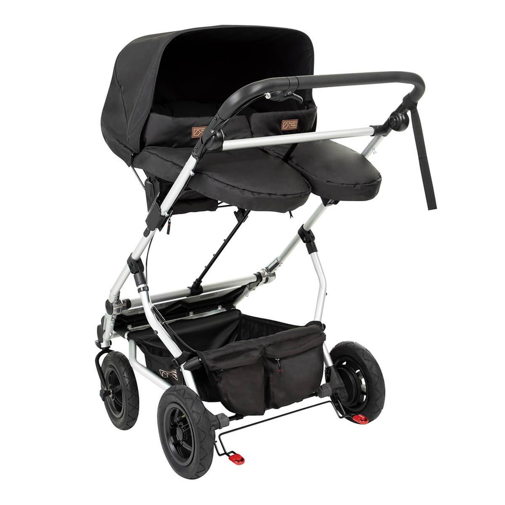 carrycot plus for twins shown in parent facing seat mode while installed on Mountain Buggy duet stroller_black