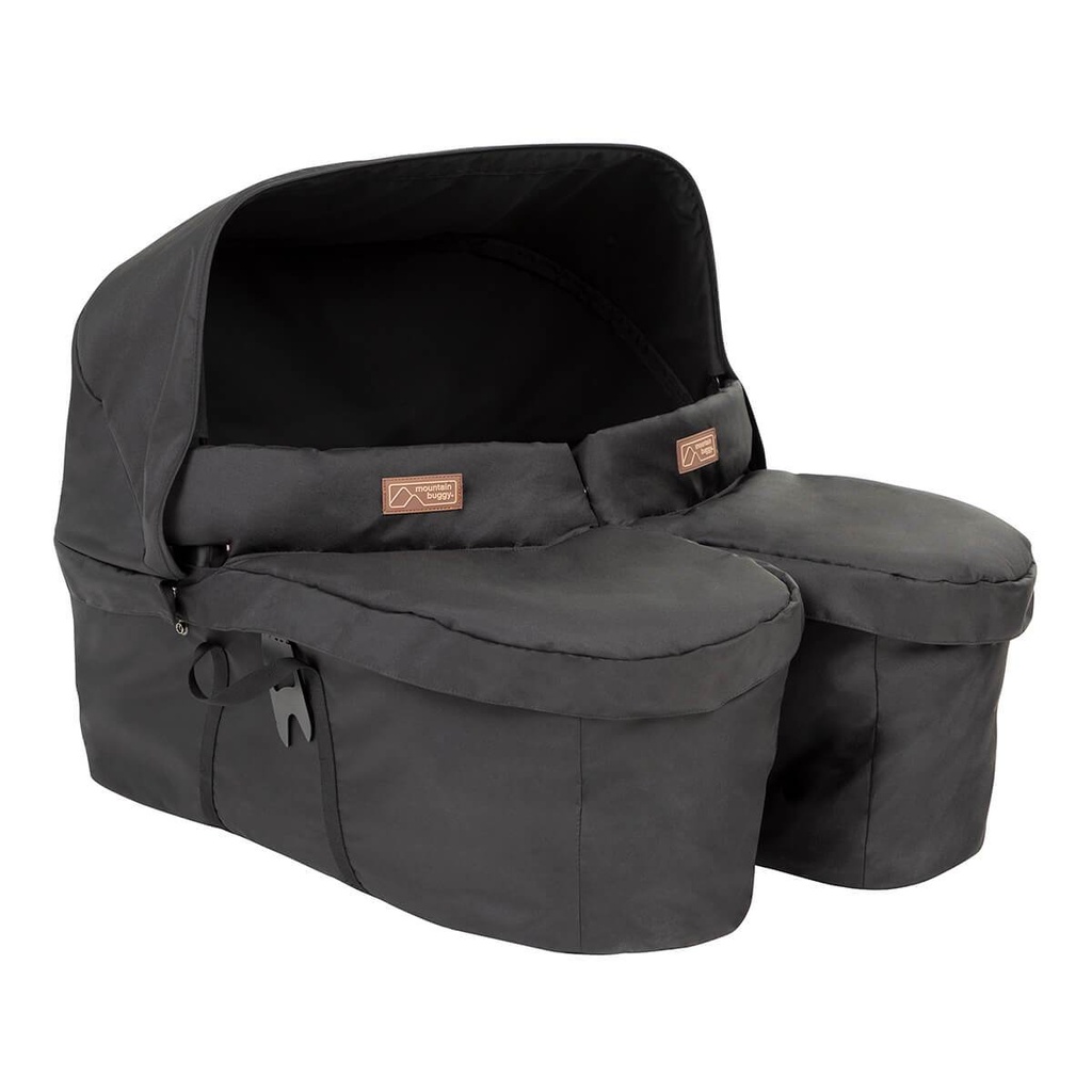 close up of the carrycot plus for twins shown from the front side on with the cover and sun hood in place_black